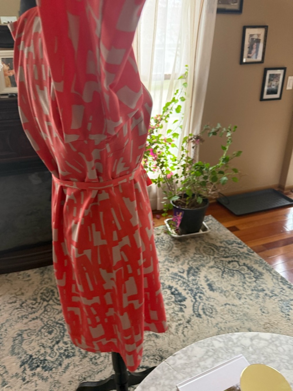 Coral Abstract Print Tie-Waist Midi Dress - Picture 7 of 14